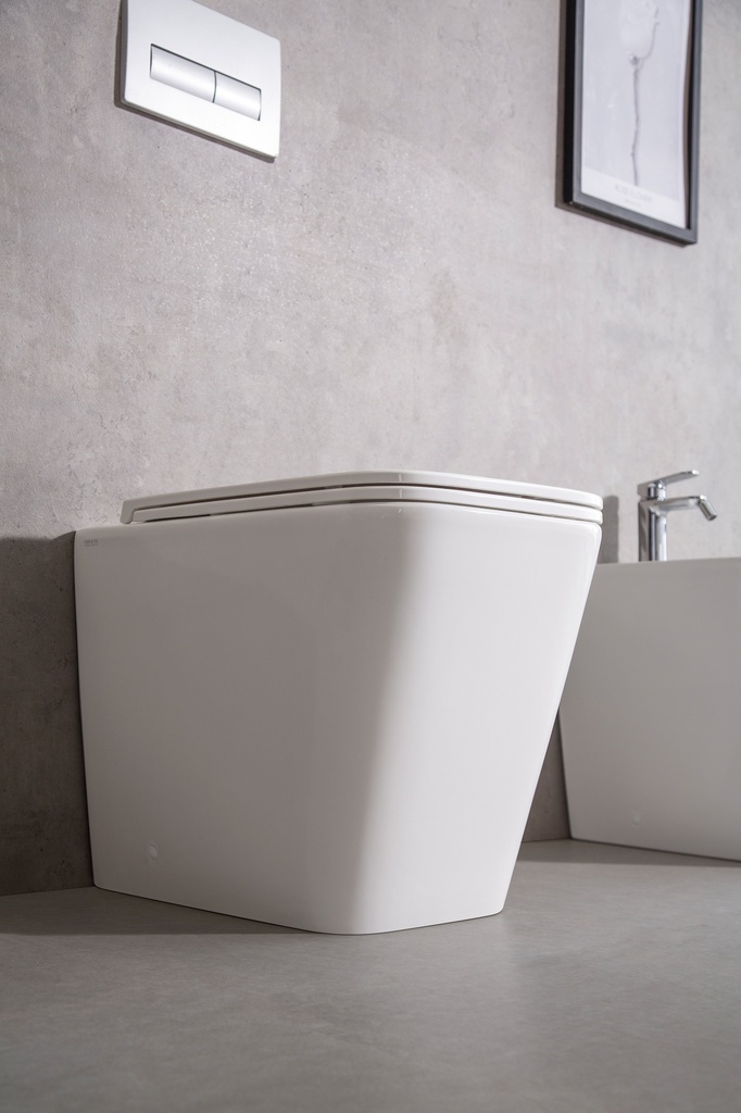 Coppia di Sanitari Filo Muro a Terra della Serie Quadra Completa di WC, Bidet, Sedile Softclose e Fissaggi