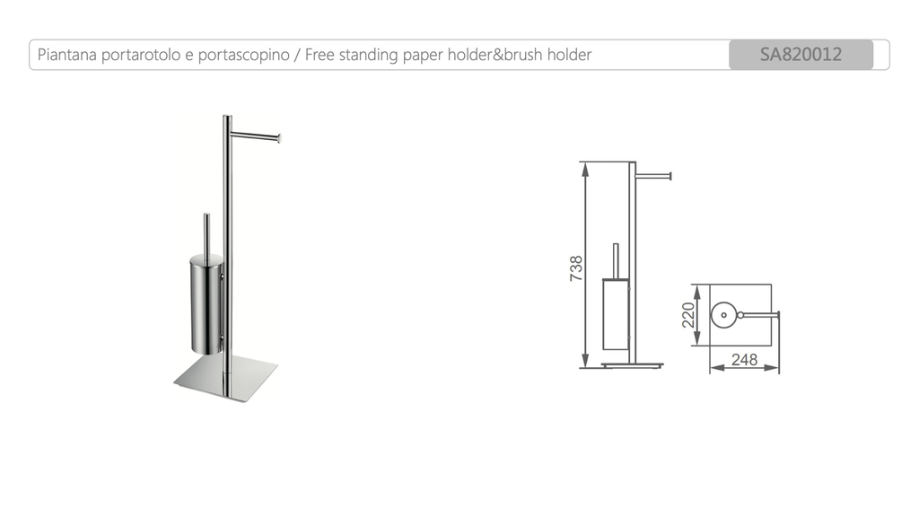 Piantana in Ottone Cromato e Acciaio INOX Cromato con Portarotolo e Porta  Scopino per WC con Design Arrotondato