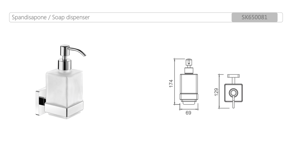 Dispenser Sapone Liquido con Supporto in Ottone Cromato e Recipiente in  Cristallo Satinato con Erogatore e Design Squadrato della Serie Skyline