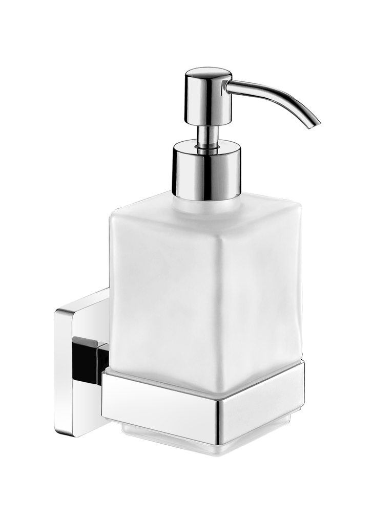Dispenser Sapone Liquido con Supporto in Ottone Cromato e Recipiente in Cristallo Satinato con Erogatore e Design Squadrato della Serie Skyline