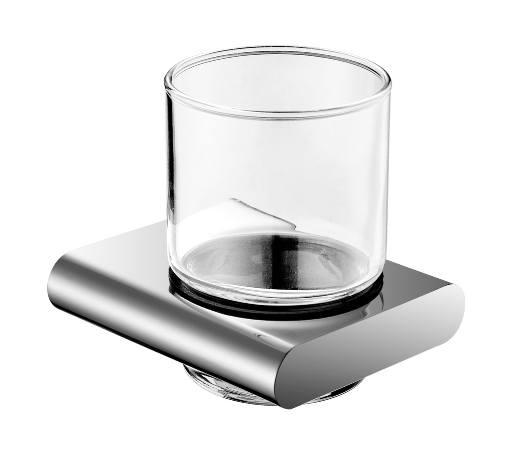 Portabicchiere in Zinco Cromato con Base Quadrata e Bordi Tondi con Bicchiere in Vetro Trasparente della Serie Genesis