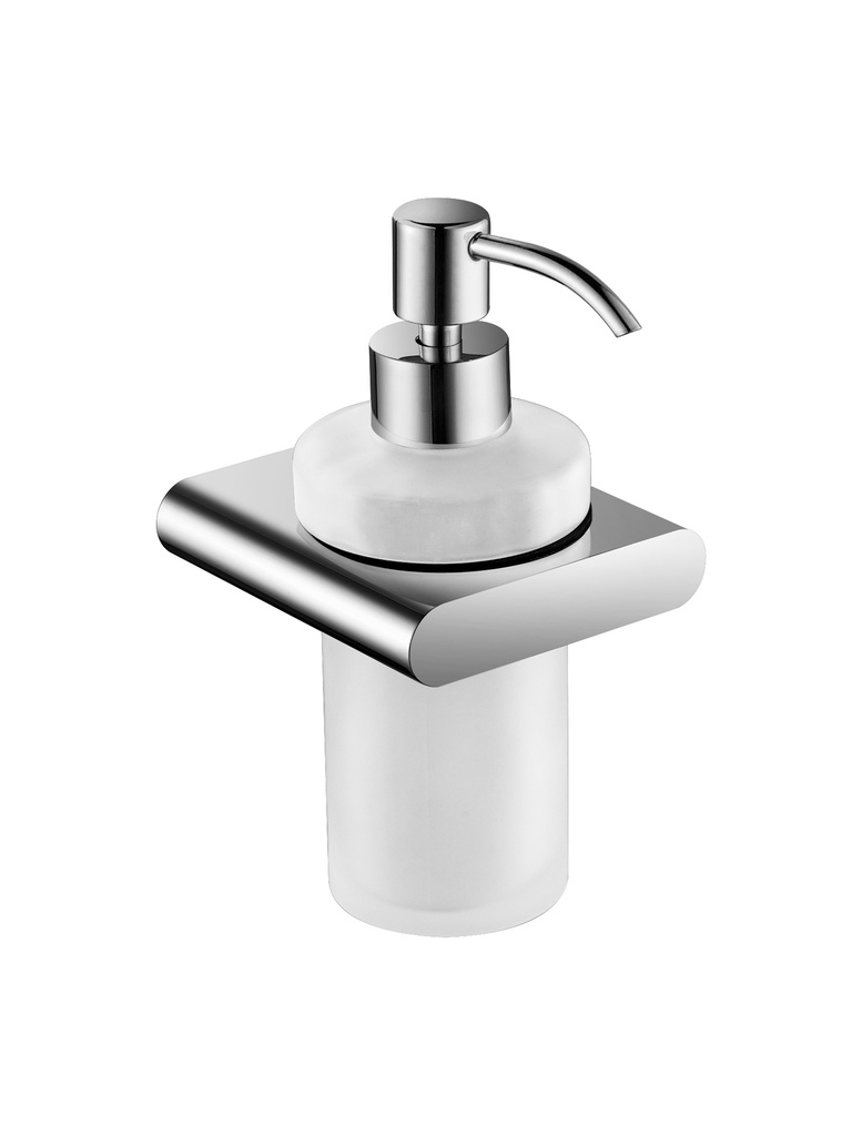 Dispenser Sapone Liquido con Supporto in Ottone Cromato e Recipiente in Vetro Satinato con Erogatore della Serie Genesis