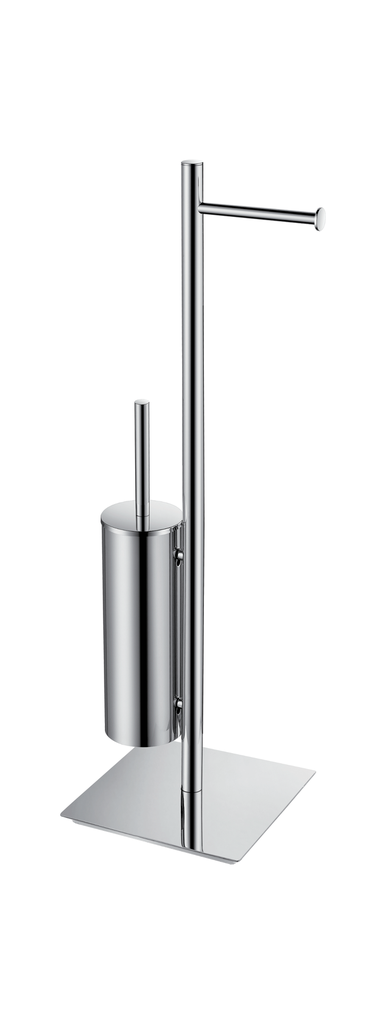 Piantana in Ottone Cromato e Acciaio INOX Cromato con Portarotolo e Porta Scopino per WC con Design Arrotondato