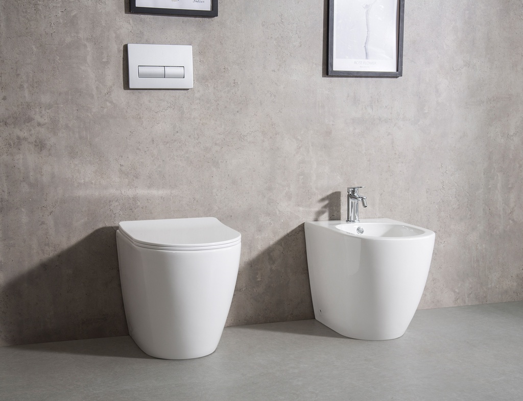 Coppia di Sanitari Filo Muro a Terra della Serie Dara Completa di WC, Bidet, Sedile Softclose e Fissaggi